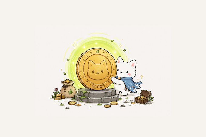 A cute white cat wearing a blue cape stands beside a giant golden coin featuring a cat face and the word "GLOOB," surrounded by treasure bags and coins. The image illustrates the launch of the $GLOOB cryptocurrency ecosystem, with the cat mascot symbolizing the project's "Rangers" characters now available for swapping and trading on Anvil and Uniswap.