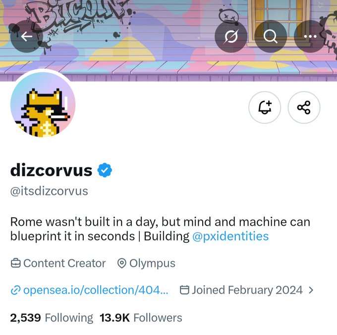 A Twitter/X profile for 'dizcorvus' (@itsdizcorvus) with a verified checkmark, showing a pixelated fox avatar, bio reading 'Rome wasn't built in a day, but mind and machine can blueprint it in seconds | Building @pxidentities', 13.9K followers, and joined February 2024.