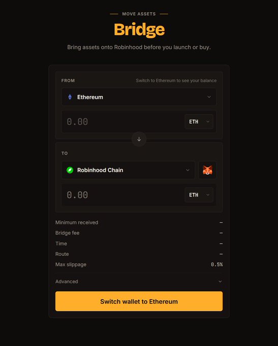 A dark-themed crypto bridging interface titled 'Bridge' allowing users to move assets from Ethereum to Robinhood Chain, featuring amount input fields and details like bridge fee, time, route, and max slippage of 0.5%.