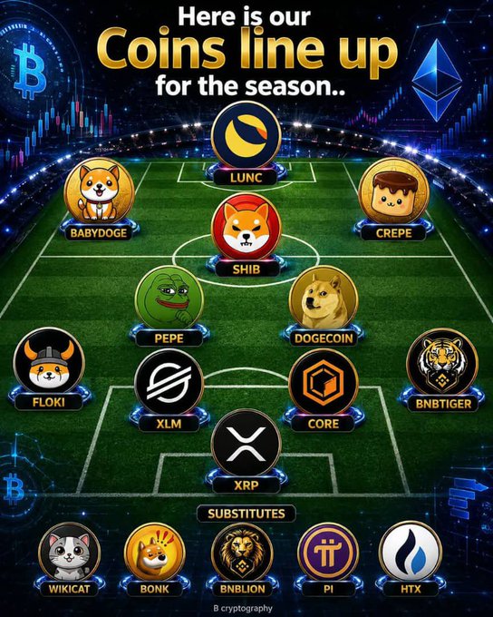 A soccer field-themed graphic titled 'Here is our Coins line up for the season..' featuring various cryptocurrency tokens including LUNC, BABYDOGE, SHIB, CREPE, PEPE, DOGECOIN, FLOKI, XLM, CORE, BNB TIGER, XRP, with substitutes WIKICAT, BONK, BNB LION, PI, and HTX.