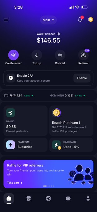 A smartphone screenshot of a cryptocurrency mining app displaying a wallet balance of $146.55, BTC price of 78,744.94, and a 'Reach Platinum I' loyalty program card.