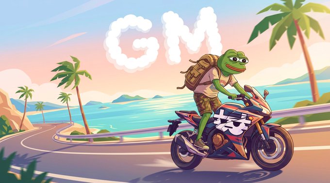 A cartoon Pepe the Frog character rides a sportbike along a tropical coastal highway, with "GM" spelled out in cloud-like letters in the sky above. The beachside road trip scene visually complements the post's "GM" (good morning) greeting and motivational message to own the day's grind.