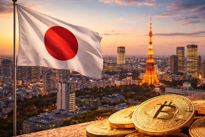 A composite image showing the Japanese flag, a sunset view of Tokyo with Tokyo Tower, and gold Bitcoin coins in the foreground.