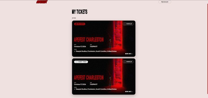 A digital ticket account page titled 'MY TICKETS' displaying two tickets for 'APEFEST CHARLESTON' on October 31, 2026 at Temple Studios, Charleston, South Carolina, United States.