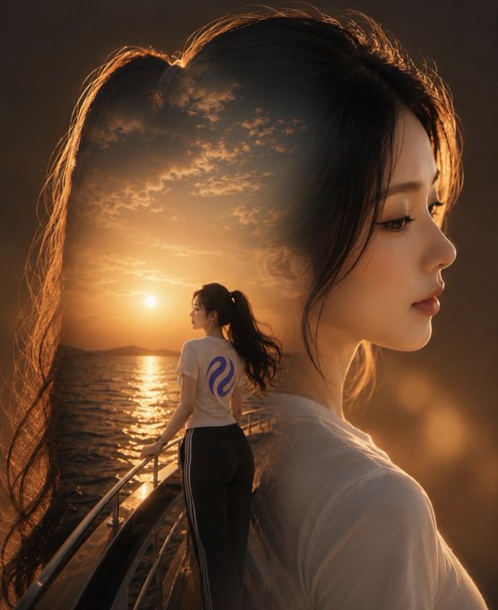 An artistic composite photo of a young Asian woman with long dark hair, featuring a sunset scene over water with her silhouette visible within the larger profile portrait.