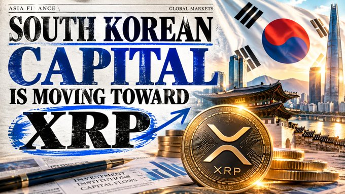 A promotional graphic titled 'SOUTH KOREAN CAPITAL IS MOVING TOWARD XRP' features the South Korean flag, a golden XRP coin, financial documents, and the Seoul skyline.