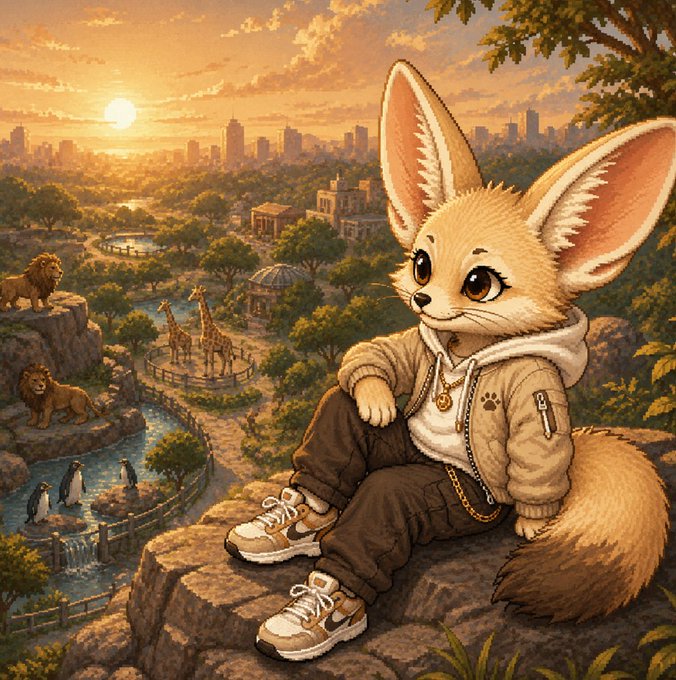 A fennec fox in a hoodie and sneakers sits calmly on a rocky overlook above a zoo at sunset, overlooking giraffes, lions, and penguins while a city skyline glows in the distance. The serene, watchful pose mirrors the post's message of quiet observation before "something is getting closer," capturing the $FMODE hype teasing its upcoming launch.