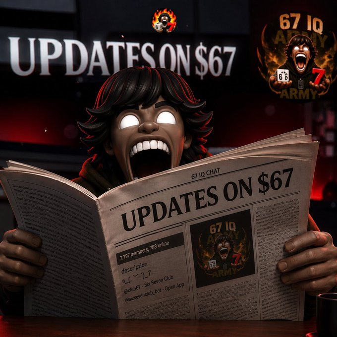 Artwork of an excited character reading a newspaper with headlines 'UPDATES ON $67' and '67 IQ ARMY' with social media handles visible.