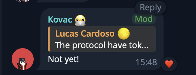 Discord message screenshot from user 'Lucas Cardoso' (quoted by moderator 'Kovac') reading 'The protocol have tok... Not yet!' timestamped 15:48.