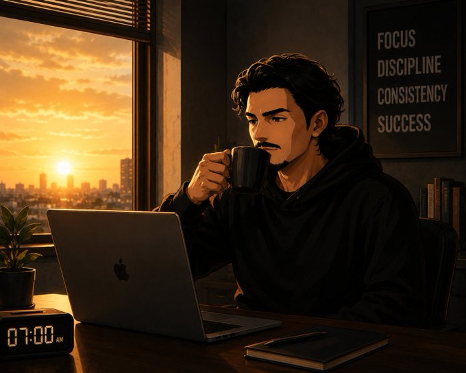 A young man in a black hoodie drinks from a mug while working on a MacBook at sunrise, with a digital clock reading "07:00 AM" and a wall poster displaying "FOCUS DISCIPLINE CONSISTENCY SUCCESS" behind him—perfectly capturing a disciplined morning routine to kick off the 8th day of the month.