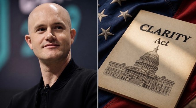 The image shows Coinbase CEO Brian Armstrong on the left and a document titled "CLARITY Act" displayed on an American flag background on the right, visually representing his push for the cryptocurrency legislation to reach a Senate floor vote.