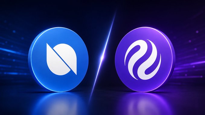 Two circular cryptocurrency logos, one blue with an 'N' symbol and one purple with a flame-like emblem, are displayed side by side with a lightning effect between them.