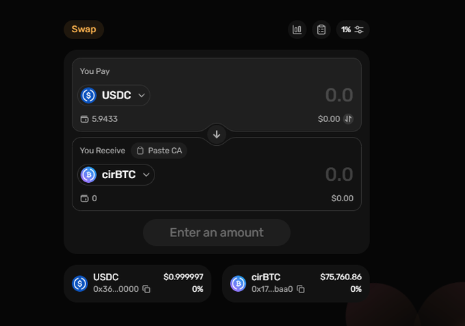 A dark-themed cryptocurrency swap interface showing a "You Pay" section with USDC (balance 5.9433, value $0.00) and a "You Receive" section for cirBTC (value $0.00), with an "Enter an amount" prompt and token details displaying USDC at $0.999997 and cirBTC at $75,760.86. The image illustrates a swap feature on the Peach platform, supporting the post's discussion about Peach as an official ARC launching platform amid the chain's rising popularity.