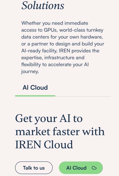 The image shows a screenshot of an Irren Cloud page, which has a white background with black text. The main content of the image is a message that reads "Get your AI to market faster with IREN Cloud". This message is accompanied by a button in the bottom right corner that says "AL CLOUD", indicating that it's related to the Irren Cloud service. The post also mentions that the Irren Cloud service has been removed from the Irren website, which further supports the idea that this image is an advertisement for the Irren Cloud service.