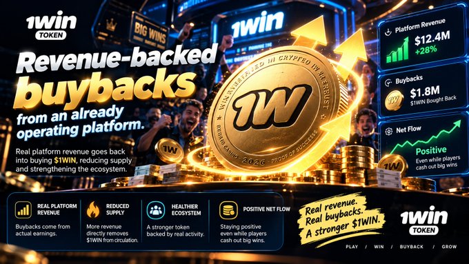 A promotional graphic for '1win TOKEN' advertising revenue-backed buybacks, featuring a large gold coin with '1W' logo and metrics including Platform Revenue $12.4M (+28%), Buybacks $1.8M ($1WIN Bought Back), and Positive Net Flow.