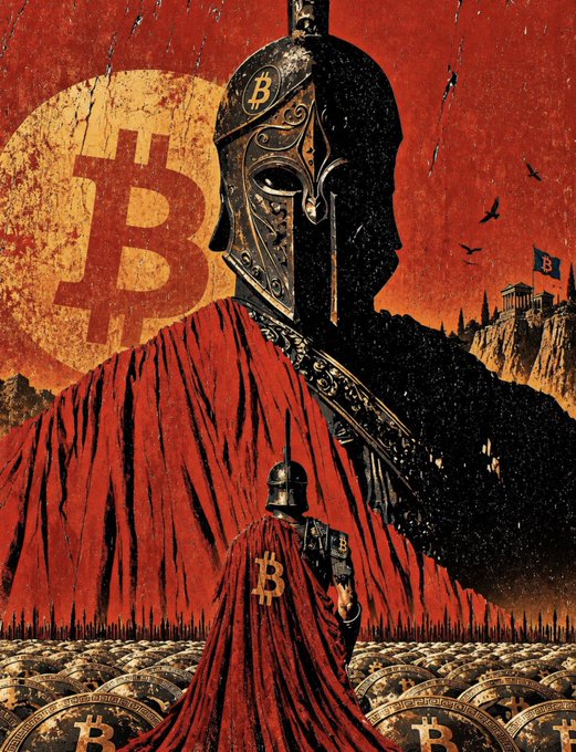 A massive, ornate warrior in a Bitcoin-crested helmet and flowing red cape looms over a sea of gold coins stamped with the "B" logo, with a smaller armored figure standing before him beneath a blood-red sun. The imposing scale and militaristic imagery reinforce the post's theme of an exclusive Bitcoin Army, suggesting that only a select few are worthy of standing among its ranks.