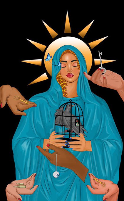 A digital illustration depicts a serene woman in a teal hooded robe with a golden halo, holding a birdcage containing a raven and a key, while disembodied hands offer her keys, rings, and bullets.