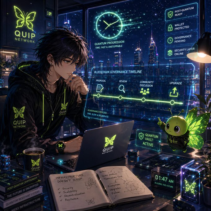 Anime-style illustration of a young man with dark hair wearing a 'QUIP NETWORK' hoodie, working at a laptop displaying a 'BLOCKCHAIN GOVERNANCE TIMELINE' with labels including 'POST-QUANTUM READY,' 'WALLET PROTECTED,' and 'QUANTUM VAULT ACTIVE,' alongside a small butterfly-like creature.
