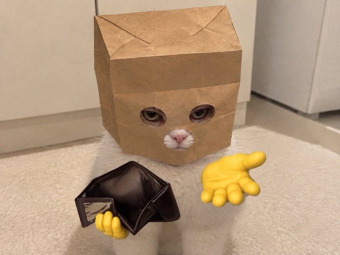 A humorous edited photo of a white cat wearing a brown paper bag over its head with eye holes cut out, accompanied by cartoon yellow hands holding a brown wallet.