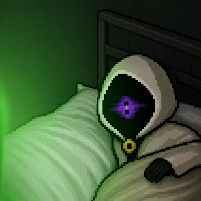 A pixel art illustration shows a hooded figure in bed with a glowing purple alien-like face, surrounded by a green ambient light.