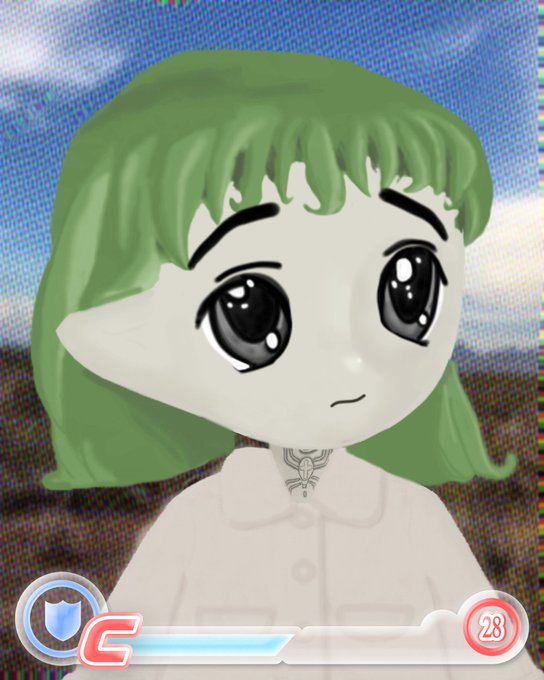 A 3D animated character with short green hair and large eyes wearing a white collared shirt, displayed in a game interface with a '28' counter.