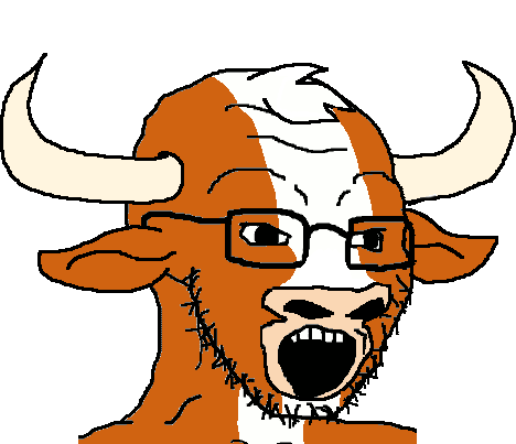 A cartoon illustration of a brown and white cow's head with horns, wearing rectangular glasses and displaying an open-mouthed expression.