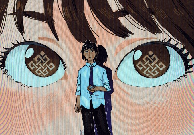 An anime-style illustration of a boy in a white shirt and tie with a shadow behind him, set against the background of a large pair of brown eyes with maze-like patterns in the pupils.
