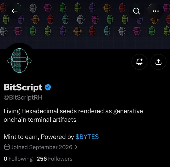 A Twitter/X profile for 'BitScript' (@BitScriptRH), verified, describing itself as 'Living Hexadecimal seeds rendered as generative onchain terminal artifacts', powered by $BYTES, joined September 2026.