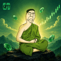 The image shows an AI-generated illustration of a meditating Buddhist monk in traditional orange and yellow robes, sitting in a cross-legged lotus position with eyes closed and a serene expression, surrounded by floating green dollar signs and glowing abstract financial graphics against a dark green background. The monk appears to be calmly "channeling" or visualizing wealth, which visually complements the post's message about teaching others how to invest in tokenized U.S. stocks and ETFs through @GMmarketsHq, framing stock investing as a peaceful, enlightened practice accessible for as little as $1. The juxtaposition of spiritual meditation imagery with dollar symbols cleverly suggests that early investing in tokenized stocks can lead to financial abundance and inner peace.