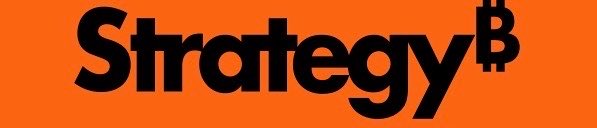 The image displays a banner featuring the word "Strategy" in bold black text on an orange background, with a Bitcoin symbol "₿" serving as the period at the end. This relates to the post about $MSTR (Strategy, formerly MicroStrategy), as the company's branding now incorporates the Bitcoin logo to reflect its identity as a corporate Bitcoin holder, aligning with the post's discussion of matching Bitcoin's gains while earning yield on $STRC.