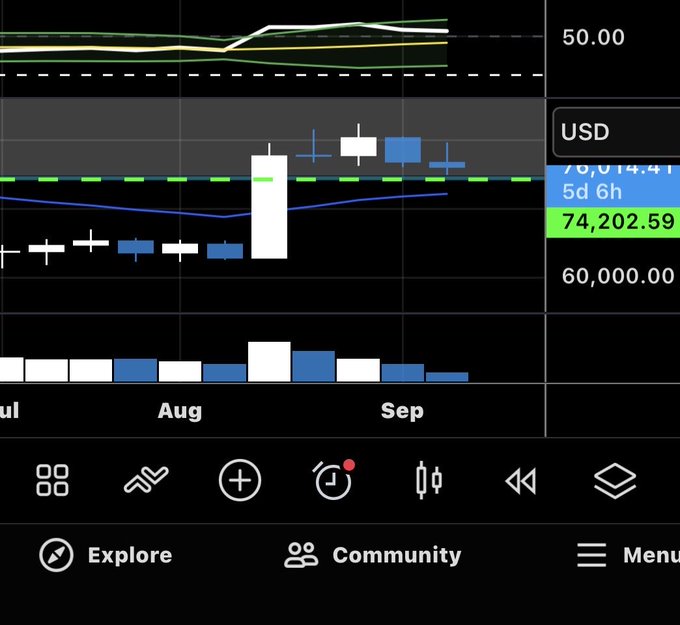A financial trading chart on a mobile app interface shows candlestick patterns for USD between July and September, with a highlighted value of 74,202.59.