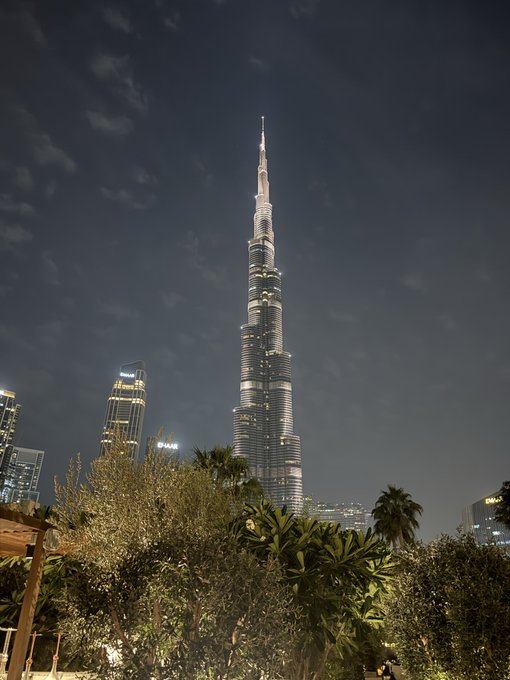 A nighttime photograph of the Burj Khalifa tower illuminated against a dark sky, framed by trees and other Dubai buildings in the foreground.