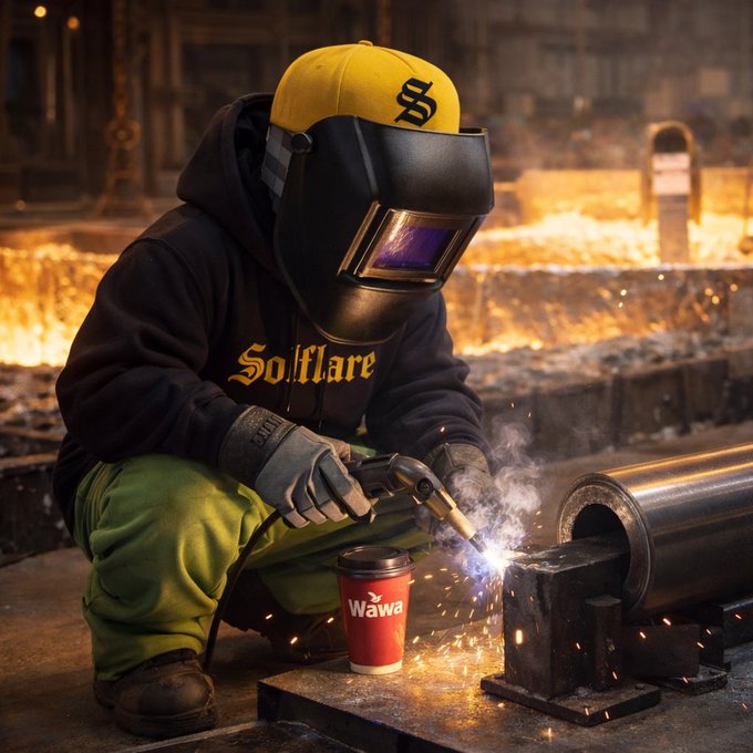 A welder wearing a 'Solflare' branded hoodie and a yellow cap works on metal with sparks flying, with a 'Wawa' coffee cup resting nearby.