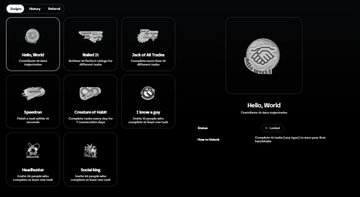 A dark mobile app interface shows a grid of various crypto token cards including 'Hello, World!', 'Suicide', and 'Creation of a violet' alongside a larger detail view for 'Hello, World!'.