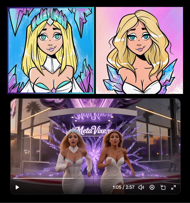 Two cartoon portraits of a blonde woman with a crown and blue eyes appear at the top, above a YouTube video player showing two blonde women in white outfits standing in front of a 'MetaVixen' storefront.