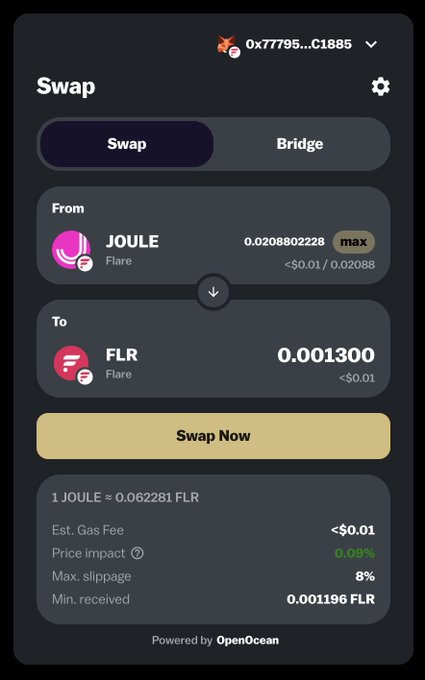 A Sceptre swap interface powered by OpenOcean, showing a conversion of 0.02088 JOULE (Flare) to 0.001300 FLR at a rate of 0.062281 FLR per JOULE, with a "Swap Now" button and toggle options to switch between Swap and Bridge functions.