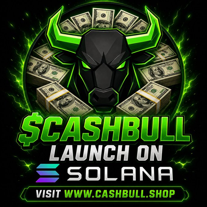 A green electric bull head logo surrounded by hundred-dollar bills promotes "$CASHBULL LAUNCH ON SOLANA" with a call to visit www.cashbull.shop, reinforcing the meme coin's cash and bullish branding tied to the post's giveaway announcement.