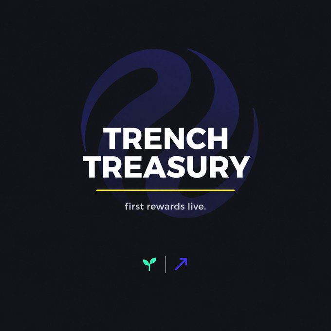 A dark graphic design featuring 'TRENCH TREASURY' in large white text with 'first rewards live.' below it, accompanied by a blue swirling logo and small plant and arrow icons.