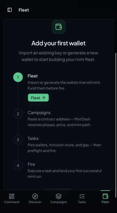 A screenshot of the MintDash mobile app's Fleet section, displaying instructions to "Add your first wallet" with four numbered steps: Fleet, Campaigns, Tasks, and Fire, against a dark interface with a bottom navigation bar.