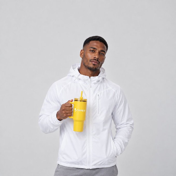 A man wearing a white hooded jacket poses against a gray background while holding a yellow tumbler branded with 'TAPOUT'.