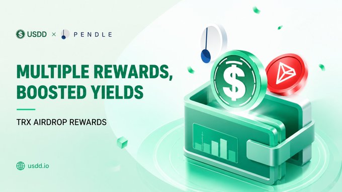 A promotional graphic for USDD x Pendle featuring the text "MULTIPLE REWARDS, BOOSTED YIELDS" and "TRX AIRDROP REWARDS," showing a green treasure chest filled with USDD and TRX coins.