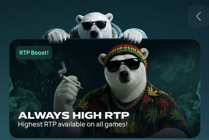 An advertisement featuring two anthropomorphic polar bears wearing sunglasses, with text 'ALWAYS HIGH RTP' and 'Highest RTP available on all games!' alongside an 'RTP Boost!' badge.
