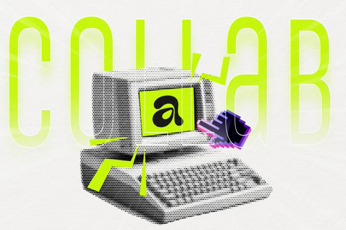 A graphic design featuring the word 'COLLAB' in large neon green letters behind a stylized black and white image of a laptop with a green 'a' logo, along with a roller skate.