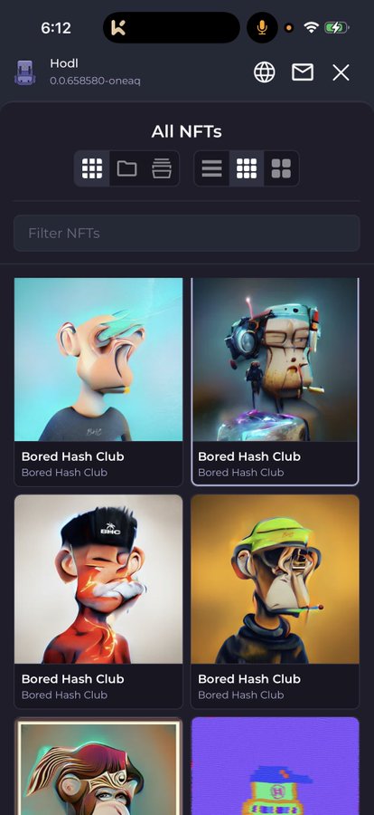 A mobile screenshot of the Hodl NFT marketplace showing a collection called 'Bored Hash Club' featuring stylized cartoon ape/monkey character NFTs in various designs and colors.