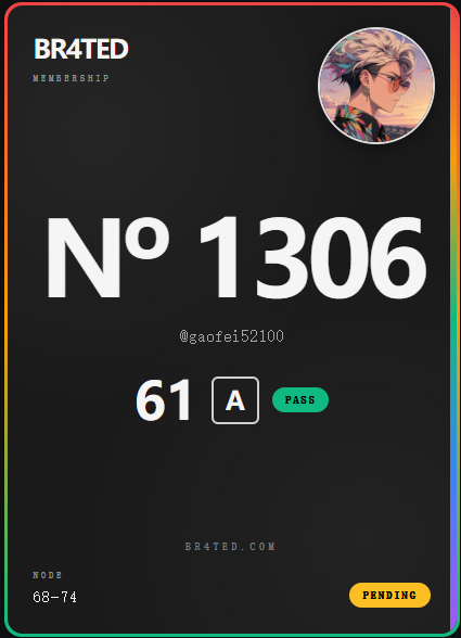 A digital membership card from BR4TED displaying 'No 1306', username '@gaofei152100', grade 'A' with 'PASS' status, and a 'PENDING' button at the bottom, featuring an anime avatar.