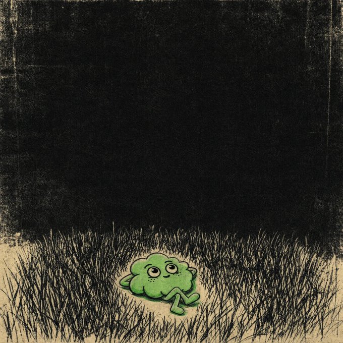 A small, cartoonish green cloud-like creature with big eyes and tiny legs stands alone in a patch of grass, dwarfed by an overwhelming black void above. The image visually captures the feeling of "GN. stay farted" — a humorous goodnight message wishing someone restful, gassy sleep, with the cheerful little fart cloud character embodying the playful sentiment while the dark expanse suggests the quiet, quiet of nighttime.