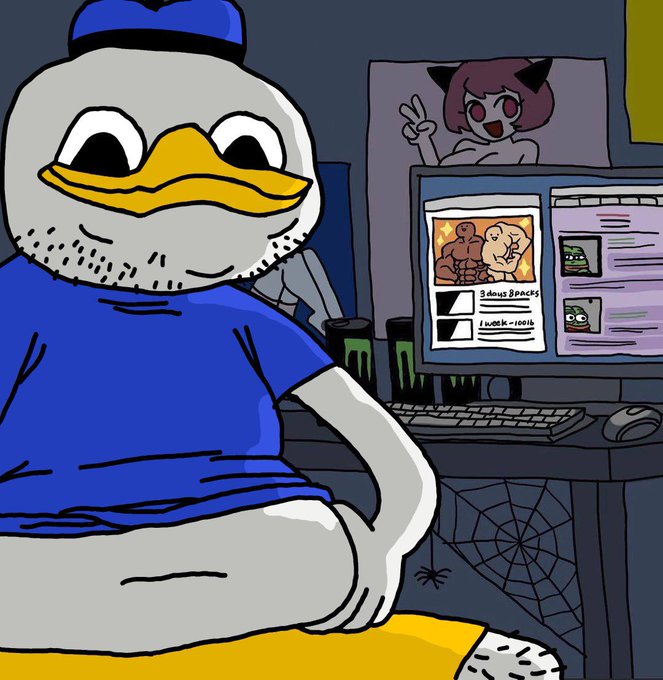 A cartoon illustration of a duck character wearing a blue shirt and cap, sitting at a desk in front of a computer displaying a webpage with listings for '3dous Brpacks' and 'Lowck-100lb', with a poster on the wall and a spider web underneath the desk.