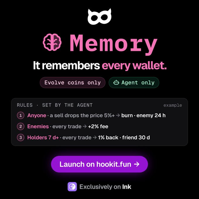 A promotional graphic for a digital product titled "Memory" features the tagline "It remembers every wallet," with options for "Evolve coins only" and "Agent only," displaying three example rules including penalties for sells and fees for enemies, and a button reading "Launch on hookit.fun" exclusively on Ink.
