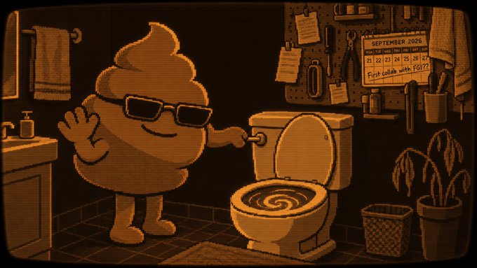 A cheerful cartoon poop character wearing sunglasses stands in a bathroom beside a toilet, with a calendar on the pegboard reading "SEPTEMBER 2026" and labeling September 26-27 as "First collab with $OLT?"—visually riffing on the post's anticipation of a big, hyped launch event.