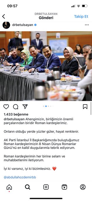This Instagram post by drbetulsayan (Fatma Betül Sayan Kaya) shows her seated at a meeting table with a group of Roman community members, captioned "drbetulsayan Ahengimizin, birliğimizin önemli parçalarından biridir Roman kardeşlerimiz..." commemorating a Roman Day gathering on April 8, 2026. The article context notes she removed photos featuring Erdin Özel, the detained Tera executive whose arrest date she reportedly forgot, alongside this post.
